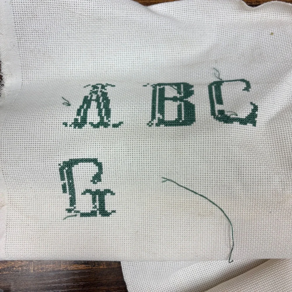 Vintage‎ Cross Stitch Alphabet Project Green Gothic Letters Aida Cloth Fabric